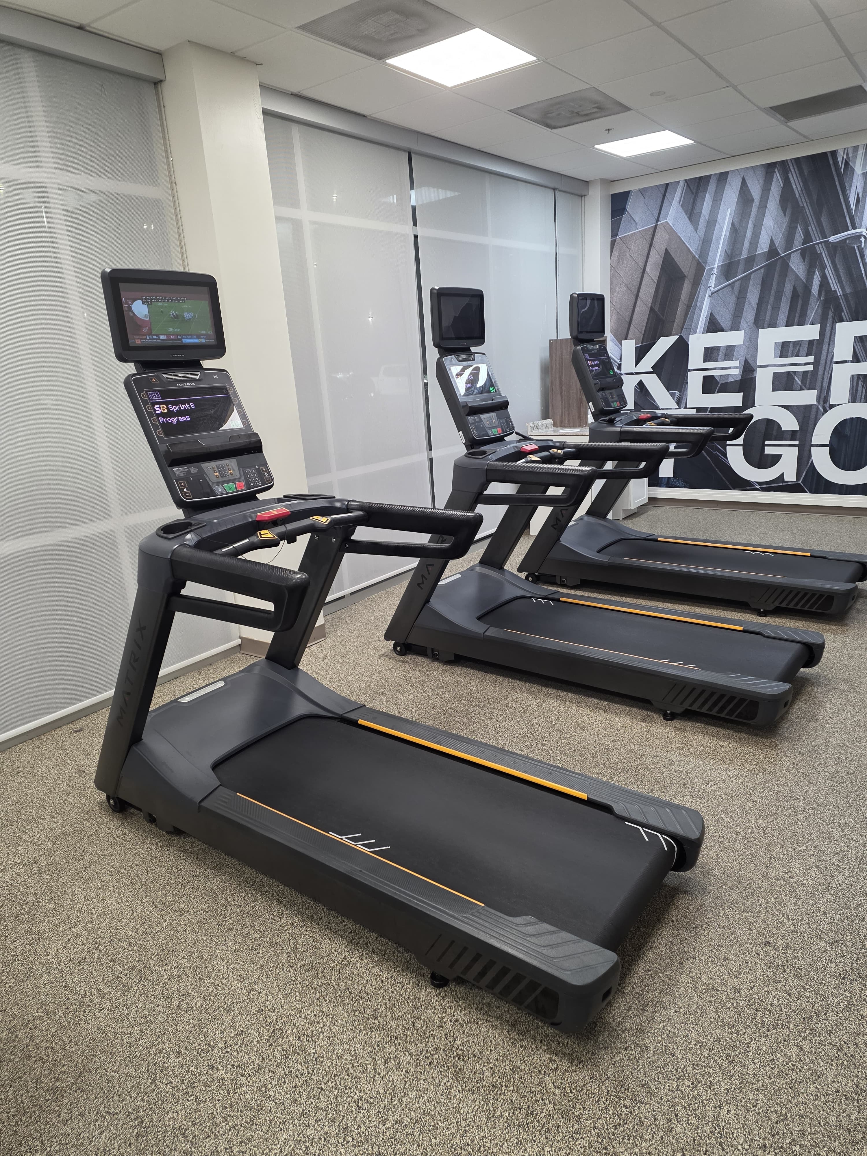 Completed client fitness room with three commercial treadmills installed