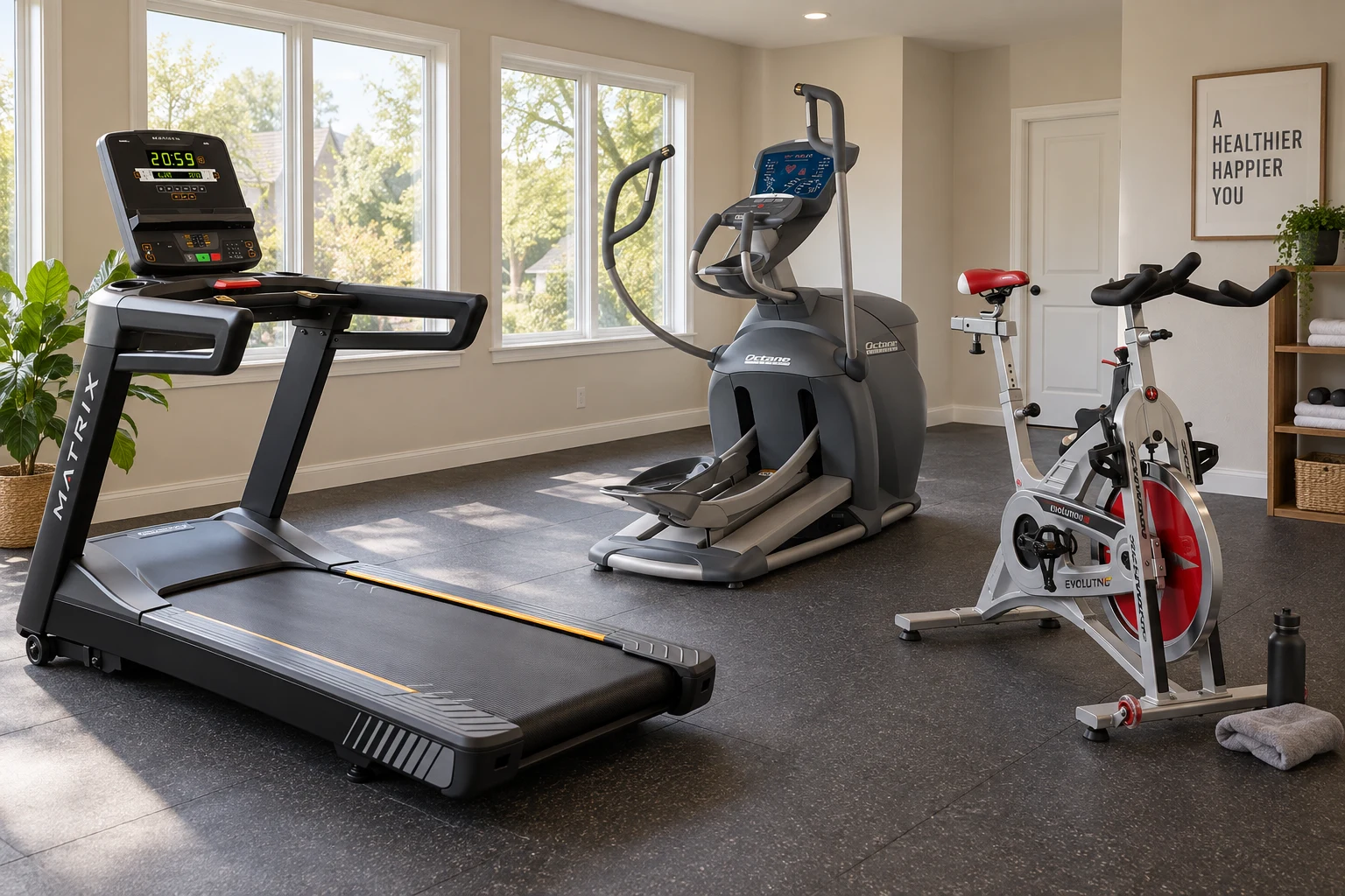 Home gym concept inspired by the Starter Studio Package, with a treadmill, elliptical, and indoor bike in a sunlit room