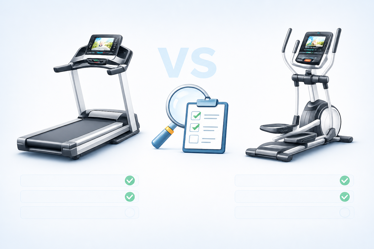 Treadmill and elliptical comparison graphic with inspection checklist